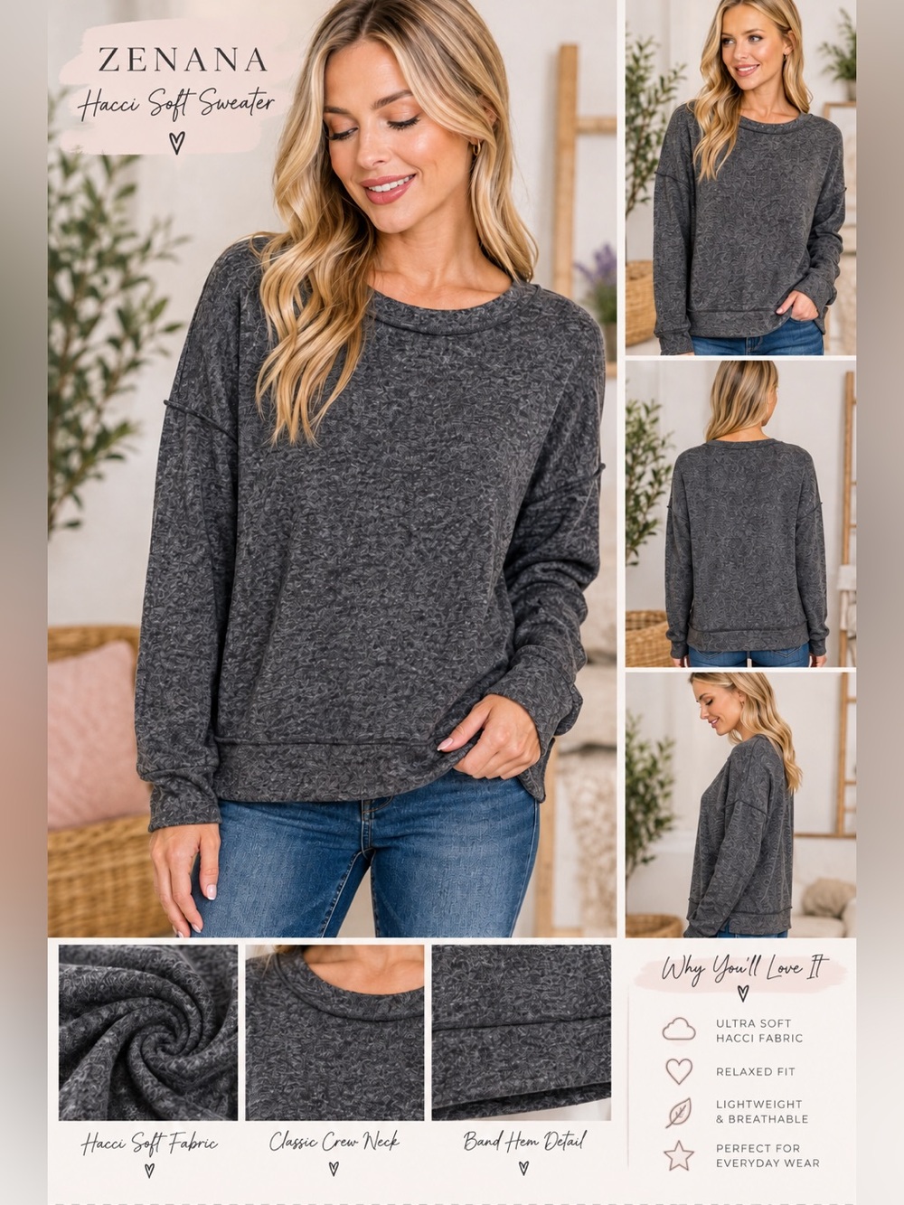 Zenana Outfitters black Hacci Soft Crewneck Sweater S/M/L